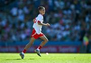 12 July 2025; Harry Stranney, Cedar Integrated Primary School, Crossgar, Down, representing Tyrone, during the GAA INTO Cumann na mBunscol Respect Exhibition Go Games match at the GAA Football All-Ireland Senior Championship semi-final match between Kerry and Tyrone at Croke Park in Dublin. Photo by Ray McManus/Sportsfile