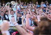 12 July 2025; Kildare captain Kevin Feely lifts the cup after his side's victory in the Tailteann Cup final match between Kildare and Limerick at Croke Park in Dublin. Photo by Seb Daly/Sportsfile