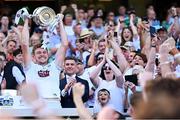 12 July 2025; Kildare captain Kevin Feely lifts the cup after his side's victory in the Tailteann Cup final match between Kildare and Limerick at Croke Park in Dublin. Photo by Seb Daly/Sportsfile