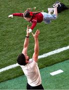 12 July 2025; Joe Oguz of Tyrone with his daughter Ada after the GAA Football All-Ireland Senior Championship semi-final match between Kerry and Tyrone at Croke Park in Dublin. Photo by Ramsey Cardy/Sportsfile
