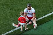 12 July 2025; Mattie Donnelly of Tyrone, with his son Senán, after the GAA Football All-Ireland Senior Championship semi-final match between Kerry and Tyrone at Croke Park in Dublin. Photo by Ramsey Cardy/Sportsfile