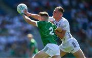 12 July 2025; Jason Hassett of Limerick in action against Ryan Sinkey of Kildare during the Tailteann Cup final match between Kildare and Limerick at Croke Park in Dublin. Photo by Ray McManus/Sportsfile