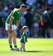 12 July 2025; Twenty month old Dylan Corbett, a son of Limerick's number 6 Iain, after the Tailteann Cup final match between Kildare and Limerick at Croke Park in Dublin. Photo by Ray McManus/Sportsfile