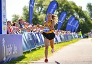 13 July 2025; Nichola Sheridan of Bohermeen AC, Meath, crosses the line to finish second in the women's 2025 Irish Life Dublin Race Series – Fingal 10km which took place on Sunday, 13th July at Swords in Dublin. Photo by Sam Barnes/Sportsfile