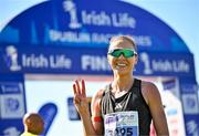 13 July 2025; Rachel Birt of Annalee AC, Cavan, celebrates after finishing third in the women's 2025 Irish Life Dublin Race Series – Fingal 10km which took place on Sunday, 13th July at Swords in Dublin. Photo by Sam Barnes/Sportsfile