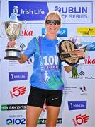 13 July 2025; Ann-Marie McGlynn of Letterkenny AC, Donegal, with the trophy after winning the women's 2025 Irish Life Dublin Race Series – Fingal 10km which took place on Sunday, 13th July at Swords in Dublin. Photo by Sam Barnes/Sportsfile