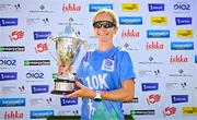 13 July 2025; Ann-Marie McGlynn of Letterkenny AC, Donegal, with the trophy after winning the women's 2025 Irish Life Dublin Race Series – Fingal 10km which took place on Sunday, 13th July at Swords in Dublin. Photo by Sam Barnes/Sportsfile