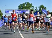 13 July 2025; Eventual winner of the men's race, Tadgh Donnelly of Drogheda and District AC, Louth, left, alongside eventual runner up Hugh Armstrong of Ballina AC, Mayo, centre, and third placed Michael Brady of Raheny Shamrock AC, Dublin, right, at the start of the 2025 Irish Life Dublin Race Series – Fingal 10km which took place on Sunday, 13th July at Swords in Dublin. Photo by Sam Barnes/Sportsfile