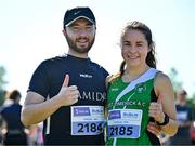 13 July 2025; Aidan Longeran from Tipperary, and Theresa Hughes of West Limerick AC, Limerick, before the 2025 Irish Life Dublin Race Series – Fingal 10km which took place on Sunday, 13th July at Swords in Dublin. Photo by Sam Barnes/Sportsfile