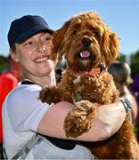13 July 2025; Barbara Nocton from Dublin with Teddy the Cockapoo before the 2025 Irish Life Dublin Race Series – Fingal 10km which took place on Sunday, 13th July at Swords in Dublin. Photo by Sam Barnes/Sportsfile