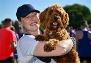 13 July 2025; Barbara Nocton from Dublin with Teddy the Cockapoo before the 2025 Irish Life Dublin Race Series – Fingal 10km which took place on Sunday, 13th July at Swords in Dublin. Photo by Sam Barnes/Sportsfile