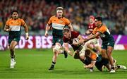 12 July 2025; Jac Morgan of British & Irish Lions is tackled by Tane Edmed and Shaun Stevenson of AUNZ XV during the tour match between AUNZ XV and the British & Irish Lions at the Adelaide Oval in Adelaide, Australia. Photo by Brendan Moran/Sportsfile