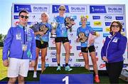 13 July 2025; Top three women, Ann Marie McGylnn of Letterkenny AC, Donegal, centre, first, Nichola Sheridan of Bohermeen AC, Meath, left, second, and Rachel Birt of Annalee AC, Cavan, right, third, alongside Councillor for Swords Luke Corkery and Irish Life Senior Manager Corporate Reputation & Sponsorship Siobhan Kelly after the 2025 Irish Life Dublin Race Series – Fingal 10km which took place on Sunday, 13th July at Swords in Dublin. Photo by Sam Barnes/Sportsfile