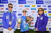 13 July 2025; Women's race winner Ann Marie McGlynn of Letterkenny AC, Donegal, centre, is presented with the trophy by Councillor for Swords Luke Corkery and Irish Life Senior Manager Corporate Reputation & Sponsorship Siobhan Kelly after the 2025 Irish Life Dublin Race Series – Fingal 10km which took place on Sunday, 13th July at Swords in Dublin. Photo by Sam Barnes/Sportsfile