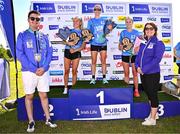 13 July 2025; Top three women, Ann Marie McGylnn of Letterkenny AC, Donegal, centre, first, Nichola Sheridan of Bohermeen AC, Meath, left, second, and Rachel Birt of Annalee AC, Cavan, right, third, alongside Councillor for Swords Luke Corkery and Irish Life Senior Manager Corporate Reputation & Sponsorship Siobhan Kelly after the 2025 Irish Life Dublin Race Series – Fingal 10km which took place on Sunday, 13th July at Swords in Dublin. Photo by Sam Barnes/Sportsfile