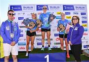 13 July 2025; Top three women, Ann Marie McGylnn of Letterkenny AC, Donegal, centre, first, Nichola Sheridan of Bohermeen AC, Meath, left, second, and Rachel Birt of Annalee AC, Cavan, right, third, alongside Councillor for Swords Luke Corkery and Irish Life Senior Manager Corporate Reputation & Sponsorship Siobhan Kelly after the 2025 Irish Life Dublin Race Series – Fingal 10km which took place on Sunday, 13th July at Swords in Dublin. Photo by Sam Barnes/Sportsfile