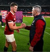 12 July 2025; Owen Farrell of British & Irish Lions, left, and mental skills coach Gary Keegan after the tour match between AUNZ XV and the British & Irish Lions at the Adelaide Oval in Adelaide, Australia. Photo by Brendan Moran/Sportsfile