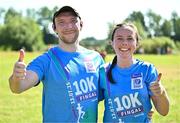 13 July 2025; Gary Daly and Christine Kelly with their finishers t-shirts after the 2025 Irish Life Dublin Race Series – Fingal 10km which took place on Sunday, 13th July at Swords in Dublin. Photo by Sam Barnes/Sportsfile