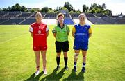 13 July 2025; Referee Angela Gallagher with Louth captain Áine Breen, left, and Longford captain Eimear O'Brien before the TG4 All-Ireland Ladies Football Junior Championship semi-final match between Louth and Longford at St Tiernach’s Park in Clones, Monaghan. Photo by Ben McShane/Sportsfile