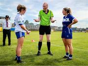 13 July 2025; Referee Gerard Canny performs the coin toss in the presence of Monaghan captain Amy Garland, left, and Laois captain Andrea Moran before the TG4 All-Ireland Ladies Football Intermediate Championship semi-final match between Laois and Monaghan at Glennon Brothers Pearse Park in Longford. Photo by Thomas Flinkow/Sportsfile