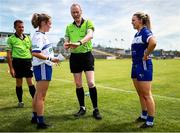 13 July 2025; Referee Gerard Canny performs the coin toss in the presence of Monaghan captain Amy Garland, left, and Laois captain Andrea Moran before the TG4 All-Ireland Ladies Football Intermediate Championship semi-final match between Laois and Monaghan at Glennon Brothers Pearse Park in Longford. Photo by Thomas Flinkow/Sportsfile