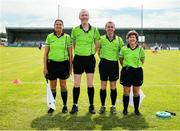 13 July 2025; Match officials, from left, linesperson Sandra Shanagher, referee Gerard Canny, 4th official Kevin Corcoran, and linesperson Maura Connealy before the TG4 All-Ireland Ladies Football Intermediate Championship semi-final match between Laois and Monaghan at Glennon Brothers Pearse Park in Longford. Photo by Thomas Flinkow/Sportsfile