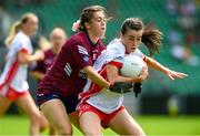 13 July 2025; Claire Canavan of Tyrone in action against Lucy Power of Westmeath during the TG4 All-Ireland Ladies Football Intermediate Championship semi-final match between Tyrone and Westmeath at Avant Money Páirc Sean Mac Diarmada in Carrick-on-Shannon, Leitrim. Photo by Matt Browne/Sportsfile
