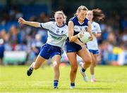 13 July 2025; Fiona Dooley of Laois in action against Rosemary Courtney of Monaghan during the TG4 All-Ireland Ladies Football Intermediate Championship semi-final match between Laois and Monaghan at Glennon Brothers Pearse Park in Longford. Photo by Thomas Flinkow/Sportsfile