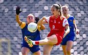 13 July 2025; Kate Flood of Louth in action against Aibhe Brady of Longford during the TG4 All-Ireland Ladies Football Junior Championship semi-final match between Louth and Longford at St Tiernach’s Park in Clones, Monaghan. Photo by Ben McShane/Sportsfile