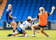 13 July 2025; Mo Nerney of Laois on her way to scoring her side's third goal despite the efforts of Caoimhe Brennan of Monaghan and goalkeeper Katie Sherlock during the TG4 All-Ireland Ladies Football Intermediate Championship semi-final match between Laois and Monaghan at Glennon Brothers Pearse Park in Longford. Photo by Thomas Flinkow/Sportsfile