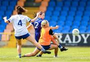13 July 2025; Ciara Crowley of Laois on her way to scoring her side's second goal during the TG4 All-Ireland Ladies Football Intermediate Championship semi-final match between Laois and Monaghan at Glennon Brothers Pearse Park in Longford. Photo by Thomas Flinkow/Sportsfile