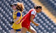13 July 2025; Eimear Byrne of Louth celebrates after scoring her side's first goal during the TG4 All-Ireland Ladies Football Junior Championship semi-final match between Louth and Longford at St Tiernach’s Park in Clones, Monaghan. Photo by Ben McShane/Sportsfile