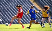 13 July 2025; Eimear Byrne of Louth shoots to score her side's first goal during the TG4 All-Ireland Ladies Football Junior Championship semi-final match between Louth and Longford at St Tiernach’s Park in Clones, Monaghan. Photo by Ben McShane/Sportsfile