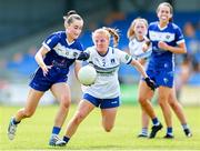 13 July 2025; Emily Lacey of Laois in action against Caoimhe Brennan of Monaghan during the TG4 All-Ireland Ladies Football Intermediate Championship semi-final match between Laois and Monaghan at Glennon Brothers Pearse Park in Longford. Photo by Thomas Flinkow/Sportsfile
