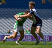 13 July 2025; Jack Power of London in action against Brian Coughlan of New York during the GAA Football All-Ireland Junior Championship final match between New York and London at Croke Park in Dublin. Photo by John Sheridan/Sportsfile