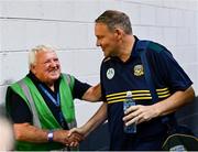 13 July 2025; Meath manager Robbie Brennan is greeted by Croke Park steward Ollie Baldwin as he arrives arrives ahead of the GAA Football All-Ireland Senior Championship semi-final match between Meath and Donegal at Croke Park in Dublin. Photo by Daire Brennan/Sportsfile