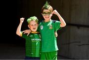 13 July 2025; Meath supporters, Conor, left, aged 6, and Liam Dolan, aged 9, from Moynalty, Co Meath, ahead of the GAA Football All-Ireland Senior Championship semi-final match between Meath and Donegal at Croke Park in Dublin. Photo by Daire Brennan/Sportsfile