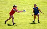 13 July 2025; Aoife Halligan of Louth in action against Katie Crawford of Longford during the TG4 All-Ireland Ladies Football Junior Championship semi-final match between Louth and Longford at St Tiernach’s Park in Clones, Monaghan. Photo by Ben McShane/Sportsfile