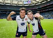 13 July 2025; New York players Danny Corridan, left, and Aaron Traynor celebrate after their side's victory in the GAA Football All-Ireland Junior Championship final match between New York and London at Croke Park in Dublin. Photo by Seb Daly/Sportsfile
