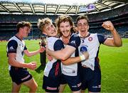 13 July 2025; New York players Colm Shalvey, James Donovan and Dylan Curran celebrate after the GAA Football All-Ireland Junior Championship final match between New York and London at Croke Park in Dublin. Photo by Seb Daly/Sportsfile