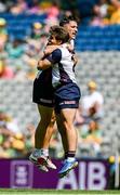 13 July 2025; New York players Dylan Curran and Rory O'Riordan celebrate at the final whistle after their side's victory in the GAA Football All-Ireland Junior Championship final match between New York and London at Croke Park in Dublin. Photo by Seb Daly/Sportsfile