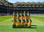 13 July 2025; The Donegal team, back row, left to right, Oisin Campbell, Realt na Mara National School, Dunmore East, Waterford, Michael McGowan, Killoughteen National School, Newcastle West, Limerick, Theodore O'Brien, Maree National School, Oranmore, Galway, Stephen Mulchrone, St Peters National School, Castlebar, Mayo, Toby Barry Swann, Dualla National School, Dualla, Cashel, Tipperary, front row, left to right, Billy O'Keeffe, Carrigeen National School, Carrigeen, Kilkenny, Jack Dowds, Glenswilly National School, Glenswilly, Donegal, Donnacha Mulligan, Scoil Mhuire, Moycullen, Galway, Daniel Gallagher, The Quay National School, Ballina, Mayo, Oisin Carr, St Francis National School, Barnesmore, Donegal, before the GAA INTO Cumann na mBunscol Respect Exhibition Go Games at the GAA Football All-Ireland Senior Championship semi-final match between Meath and Donegal at Croke Park in Dublin. Photo by Daire Brennan/Sportsfile