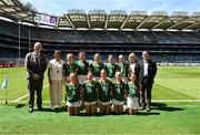 13 July 2025; Uachtarán Chumann Lúthchleas Gael Jarlath Burns, INTO President Anne Horan, President of Cumann na mBunscol, and Mini-Sevens co-ordinator Bernie Ryan, with the Meath team, back row, left to right, Leah Ramsbottom, Timahoe National School, Timahoe, Laois, Millie-Mae O'Meara, Moycarkey National School, Thurles, Tipperary, Kate McKeon, Gaelscoil Dhún Dealgan, Dún Dealgan, Co Lú, Sive O'Callaghan, Scoil Naomh Pádraig Girls National School, Ballyroan, Dublin, Ruby Wilson, Solas Chríost National School, Tallaght, Dublin, front row, left to right, Sophia Grace, Rathgormack National School, Rathgormack, Waterford, Laoise Kirrane, St Patrick's National School, Curry, Sligo, Holly Brady, Scoil Mhuire, Newtownforbes, Longford, Eva O'Connor, St Senan's National School, Cloghroe, Cork, Sara Donegan, Bennekerry National School, Bennekerry, Carlow, before the GAA INTO Cumann na mBunscol Respect Exhibition Go Games at the GAA Football All-Ireland Senior Championship semi-final match between Meath and Donegal at Croke Park in Dublin. Photo by Daire Brennan/Sportsfile