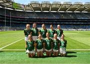 13 July 2025; The Meath team, back row, left to right, Leah Ramsbottom, Timahoe National School, Timahoe, Laois, Millie-Mae O'Meara, Moycarkey National School, Thurles, Tipperary, Kate McKeon, Gaelscoil Dhún Dealgan, Dún Dealgan, Co Lú, Sive O'Callaghan, Scoil Naomh Pádraig Girls National School, Ballyroan, Dublin, Ruby Wilson, Solas Chríost National School, Tallaght, Dublin, front row, left to right, Sophia Grace, Rathgormack National School, Rathgormack, Waterford, Laoise Kirrane, St Patrick's National School, Curry, Sligo, Holly Brady, Scoil Mhuire, Newtownforbes, Longford, Eva O'Connor, St Senan's National School, Cloghroe, Cork, Sara Donegan, Bennekerry National School, Bennekerry, Carlow, before the GAA INTO Cumann na mBunscol Respect Exhibition Go Games at the GAA Football All-Ireland Senior Championship semi-final match between Meath and Donegal at Croke Park in Dublin. Photo by Daire Brennan/Sportsfile