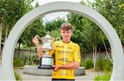13 July 2025; Winner of the race overall Matthew Walls of Cycling Leinster with the J.J. McCormack perpetual trophy after Stage 6 of 2025 Junior Tour of Ireland, Ennis. Photo by Stephen McMahon/Sportsfile
