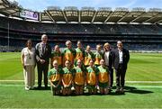 13 July 2025; Uachtarán Chumann Lúthchleas Gael Jarlath Burns, INTO President Anne Horan, President of Cumann na mBunscol, and Mini-Sevens co-ordinator Bernie Ryan, with the Donegal team, back row, left to right, Aoife Coulter, Edendork Primary School, Dungannon, Tyrone, Síne Nic Giolla Chomhaill, Gaelscoil Ultain, Baile Mhuineacháin, Mhuineacháin, Siún Crowe, Scoil Mhuire, Lacken, Cavan, Ayda Pearson, St John's NS, Ballisodare, Sligo, Mischa McNulty, Gortletteragh National School, Gortletteragh, Leitrim, front row, left to right, Anna Quinn, St. Columb's Primary School, Desertmartin, Derry, Ella Gillespie, St. Joseph's Primary School, Galbally, Tyrone, Mollie Doogan Burke, Scoil Bhríde, Mullaghrafferty, Monaghan, Kate Donaghy, St. Colmcille's, Claudy, Derry, Ella O'Dowd, Croghan National School, Boyle, Roscommon, before the GAA INTO Cumann na mBunscol Respect Exhibition Go Games at the GAA Football All-Ireland Senior Championship semi-final match between Meath and Donegal at Croke Park in Dublin. Photo by Daire Brennan/Sportsfile