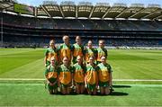 13 July 2025; The Donegal team, back row, left to right, Aoife Coulter, Edendork Primary School, Dungannon, Tyrone, Síne Nic Giolla Chomhaill, Gaelscoil Ultain, Baile Mhuineacháin, Mhuineacháin, Siún Crowe, Scoil Mhuire, Lacken, Cavan, Ayda Pearson, St John's NS, Ballisodare, Sligo, Mischa McNulty, Gortletteragh National School, Gortletteragh, Leitrim, front row, left to right, Anna Quinn, St. Columb's Primary School, Desertmartin, Derry, Ella Gillespie, St. Joseph's Primary School, Galbally, Tyrone, Mollie Doogan Burke, Scoil Bhríde, Mullaghrafferty, Monaghan, Kate Donaghy, St. Colmcille's, Claudy, Derry, Ella O'Dowd, Croghan National School, Boyle, Roscommon, before the GAA INTO Cumann na mBunscol Respect Exhibition Go Games at the GAA Football All-Ireland Senior Championship semi-final match between Meath and Donegal at Croke Park in Dublin. Photo by Daire Brennan/Sportsfile