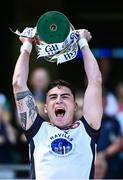 13 July 2025;  New York captain Conor Mathers lifts the cup after his side's victory in the GAA Football All-Ireland Junior Championship final match between New York and London at Croke Park in Dublin. Photo by Piaras Ó Mídheach/Sportsfile