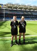 13 July 2025; Referees Ryan Kelly and Emma Brennan, both from Scoil Phádraig NS, Ballylinan, Laois, before the GAA INTO Cumann na mBunscol Respect Exhibition Go Games at the GAA Football All-Ireland Senior Championship semi-final match between Meath and Donegal at Croke Park in Dublin. Photo by Daire Brennan/Sportsfile