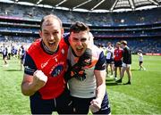 13 July 2025; New York players Pat Guerin, left, and Conor Mathers after victory in the GAA Football All-Ireland Junior Championship final match between New York and London at Croke Park in Dublin. Photo by Piaras Ó Mídheach/Sportsfile